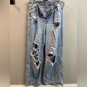 American Eagle Dreamy Drape Curvy High-Waisted Ripped Wide-Leg Jeans, Size 12.